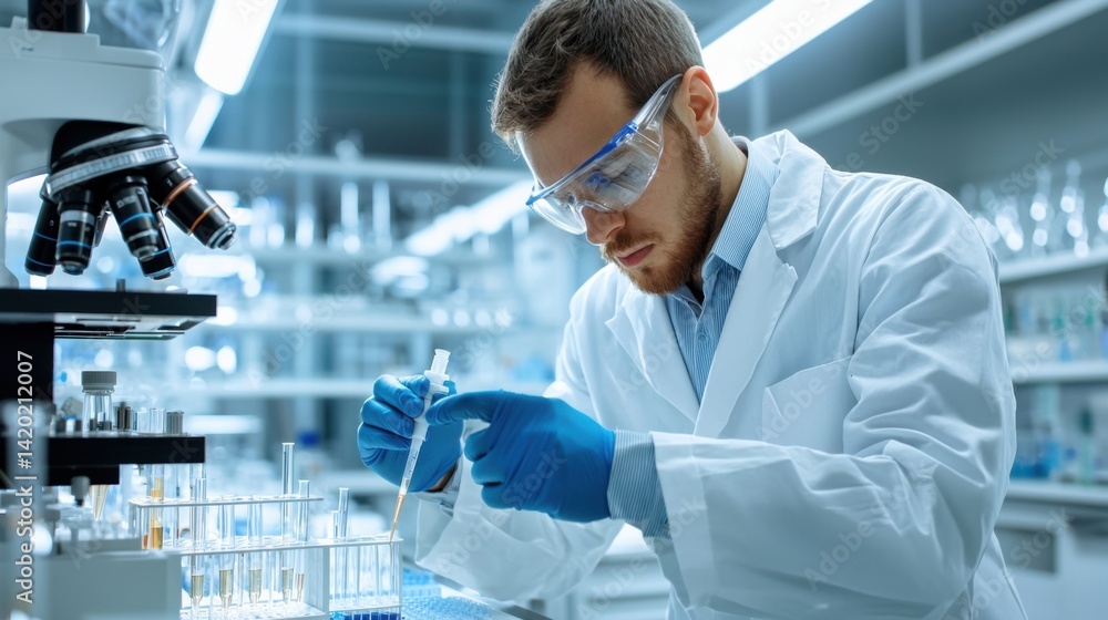 Poster a man in a lab coat is working with a pipette