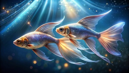 Fototapeta premium Two Elegant Aquatic Creatures Gracefully Swimming in a Mystical Underwater Realm Illuminated by Shimmering Lights