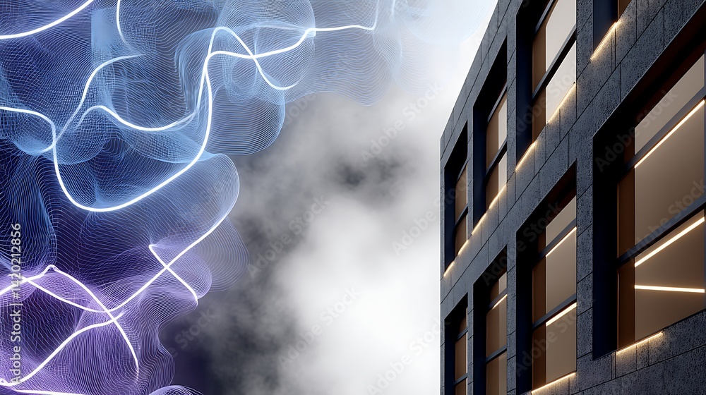 Poster modern building facade against abstract light forms and smoke texture visual composition.