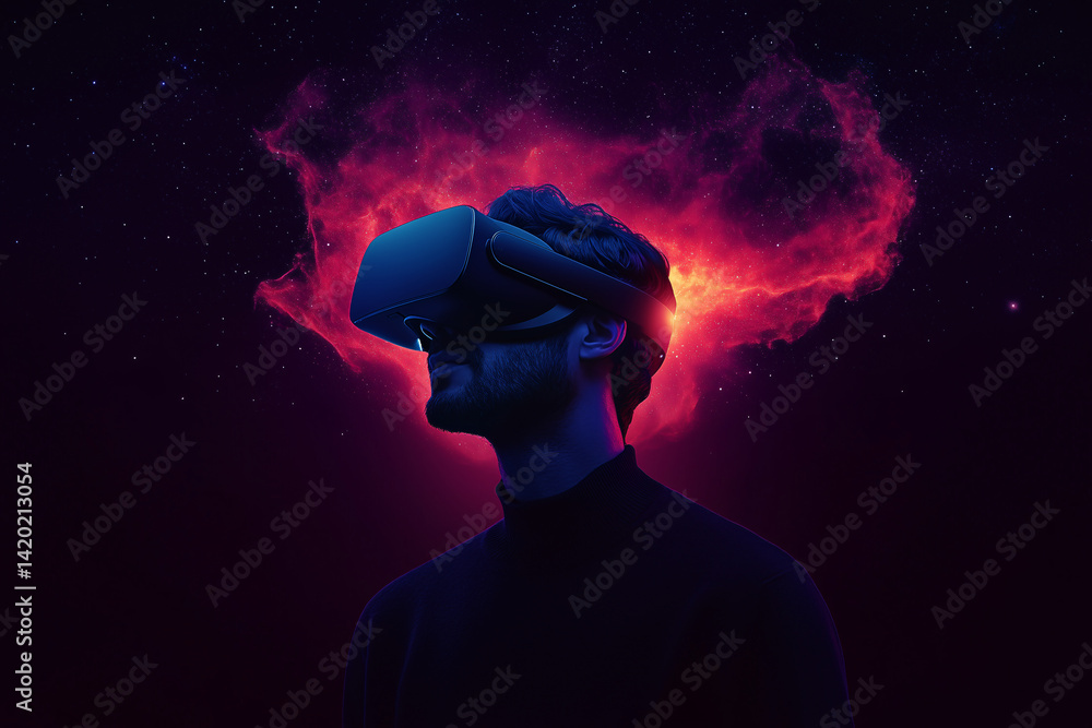 Poster immersed in reality: a person is captivated by a virtual reality headset in a colorful nebula enviro