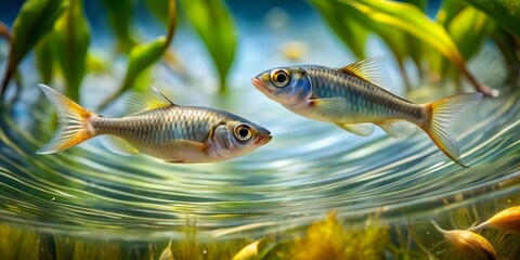 Fototapeta premium Two aquatic creatures gracefully swim in a vibrant underwater paradise, their scales shimmering with an ethereal glow.