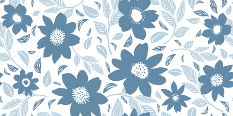 Seamless hand-drawn floral pattern blue color vintage spring design for fashion print, background, wallpaper