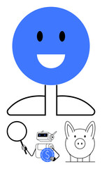Simple smiling figure above a magnifying glass, robot with coin, and piggy bank. Ideal for innovation, AI, investment, savings, analysis, technology financial growth flat simple metaphor