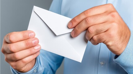 Person Holding A Blank White Envelope With Both Hands Against A Subtle Gray Background Evoking Anticipation