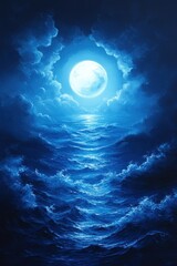 Full moon shines over water with clouds dark blue and white tones.