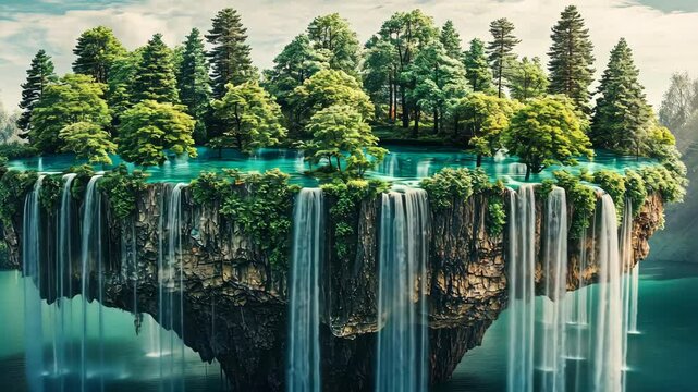 Surreal Floating Island With Lush Greenery and Cascading Waterfalls Surrounded By Turquoise Water