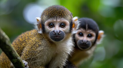 Obraz premium Two baby monkeys are sitting on a branch, looking at the camera