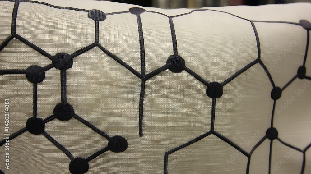 Poster molecular fabric design textile art geometric pattern interconnected nodes artistic composition.