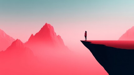 Solitary Figure Standing on a Cliff Edge Overlooking Surreal Vibrant Mountains at Dusk with Pink and Blue Gradients
