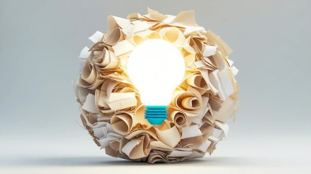 Creative ideas and innovative concepts. A paper ball with a light bulb icon on a backdrop.
