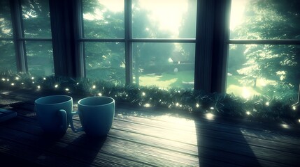 Morning Mugs at the Window Peaceful Scene Two Cups Sunlight Streaming Through Glass Decorative Lights.