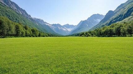 Obraz premium Lush Green Meadow Mountain Range Backdrop Vibrant Natural Style High-Resolution Landscape Wide Shot Serene Pastoral Scene Tranquil Nature Calm Emerald Green Tones Travel Tourism Photography