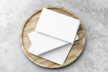 Blank cards and envelopes on wooden tray
