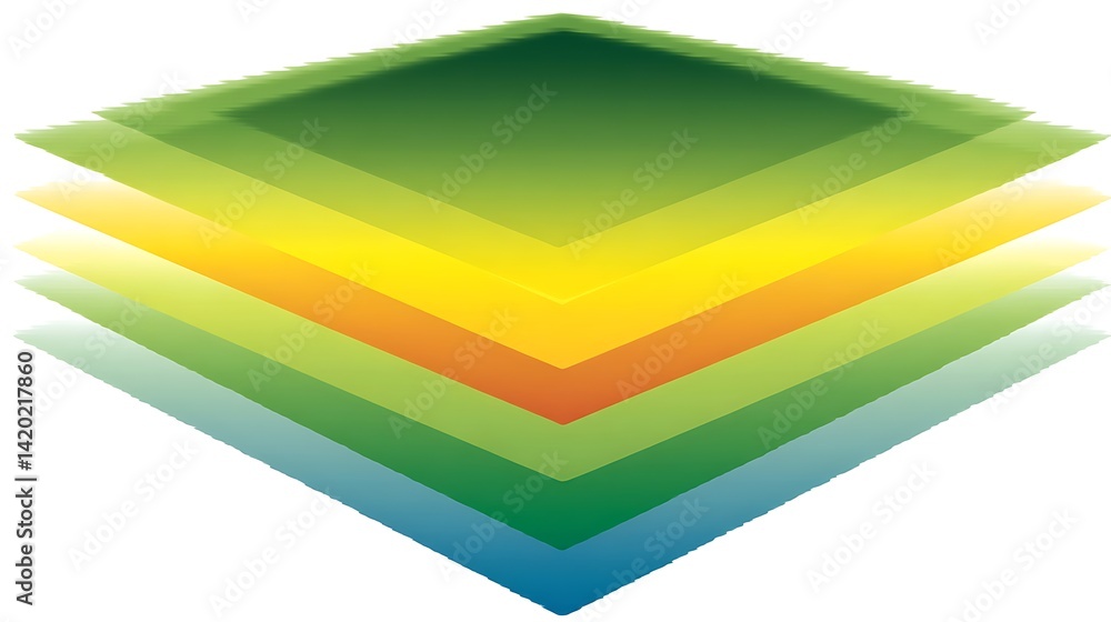 Poster multilayered abstract squares pattern with gradients in green yellow orange and blue color palette.