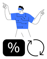 Man in augmented reality headset with circuits on shirt pointing at icons for percentage and refresh. Ideal for fintech, technology, innovation, AR, progress, data, and future concepts. Flat simple