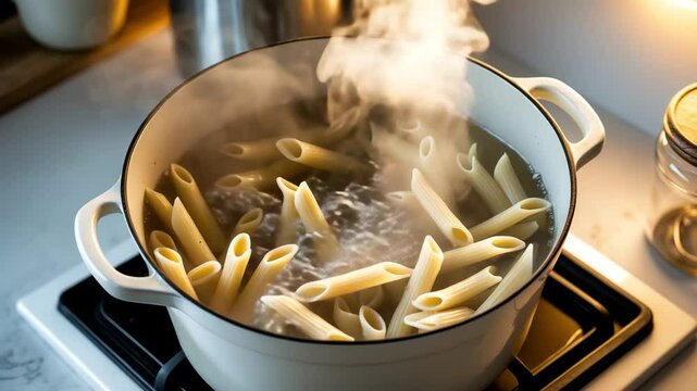 Preparing delicious pasta in a pot on the stove indoors, overhead view