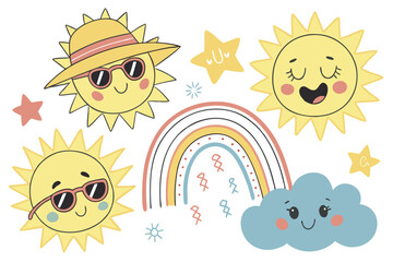 16 Cute cartoon suns, happy sun faces, kawaii weather elements, cheerful sun characters, pastel rainbow, fluffy clouds, colorful stars, playful sun expressions, sun wearing sunglasses, sun with hat, s