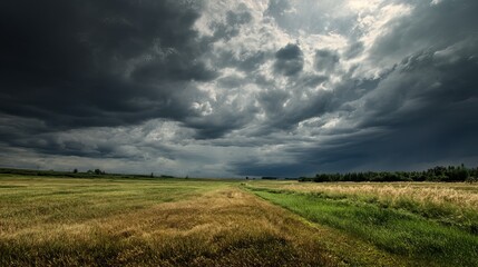 A dramatic landscape showing dark storm clouds over golden fields, creating a moody atmosphere.