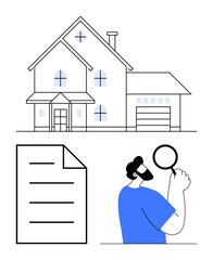 Modern house, inspection document, person with magnifying glass. Ideal for real estate, property management, home buying, mortgage, insurance inspection legal process. Flat simple metaphor