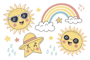 16 Cute cartoon suns, happy sun faces, kawaii weather elements, cheerful sun characters, pastel rainbow, fluffy clouds, colorful stars, playful sun expressions, sun wearing sunglasses, sun with hat, s