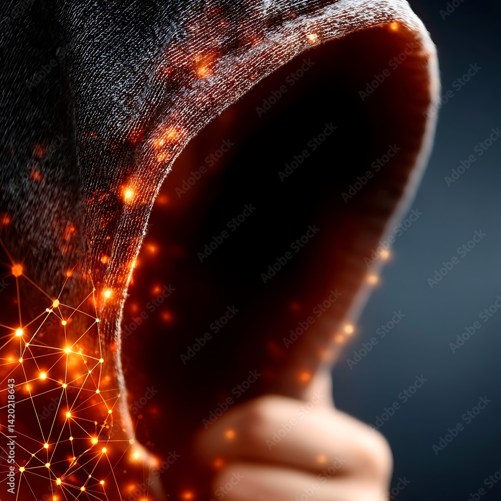 Poster mysterious digital enigma of a hooded figure with neural network overlay intrigue and shadows.