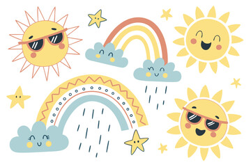16 Cute cartoon suns, happy sun faces, kawaii weather elements, cheerful sun characters, pastel rainbow, fluffy clouds, colorful stars, playful sun expressions, sun wearing sunglasses, sun with hat, s