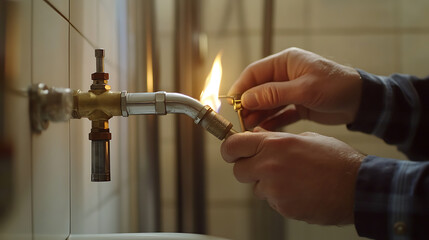Plumber sealing pipes with a torch in a bathroom. Featuring expertise and care
