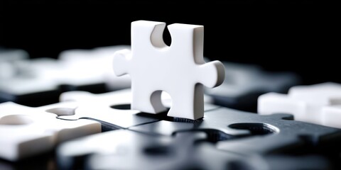 A jigsaw puzzle piece is laying on a black surface