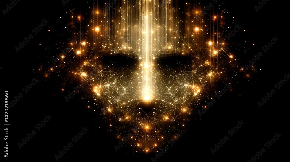 Aufkleber mysterious golden mask shining in the dark digital connection between points and lines art.
