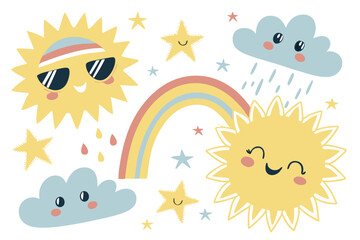 16 Cute cartoon suns, happy sun faces, kawaii weather elements, cheerful sun characters, pastel rainbow, fluffy clouds, colorful stars, playful sun expressions, sun wearing sunglasses, sun with hat, s