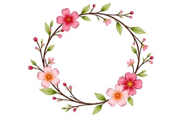 A beautiful wreath of pastel flowers, buds and twigs with leaves frames a white round label with free space for text