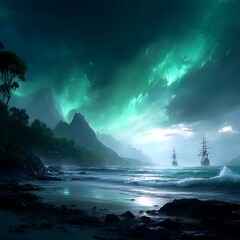 Mystic Ships Journeying on Ethereal Waters under Aurora Skies Coastal Serenity and Nautical Voyage.