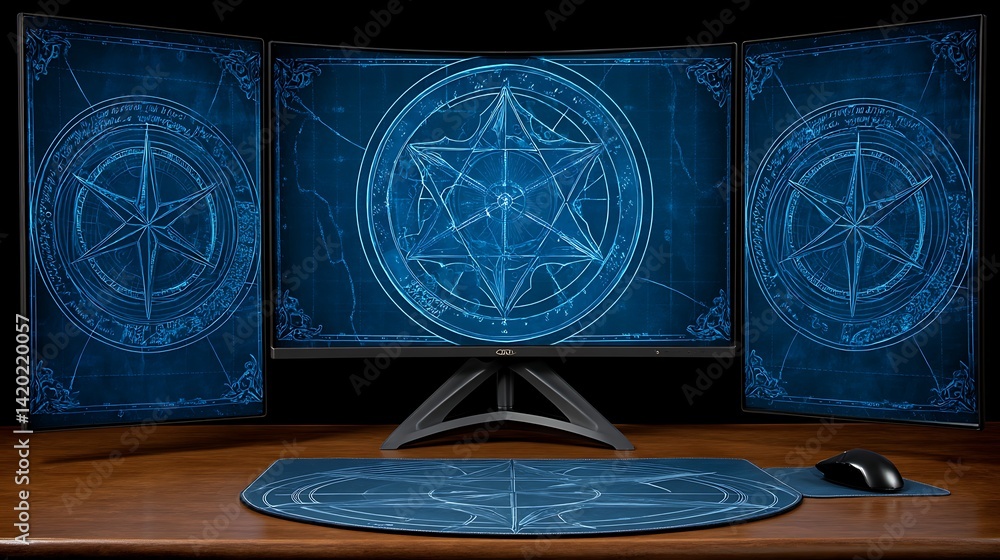 Poster mystical circle on multiple monitors desktop setup with mousepad on a wooden table top.