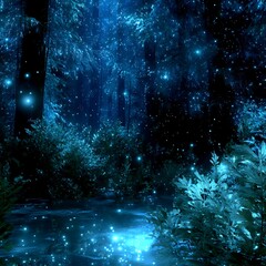 Fototapeta premium Mystical Forest at Twilight Illuminated by Soft Light and Subtle Glimmering Fireflies Display.