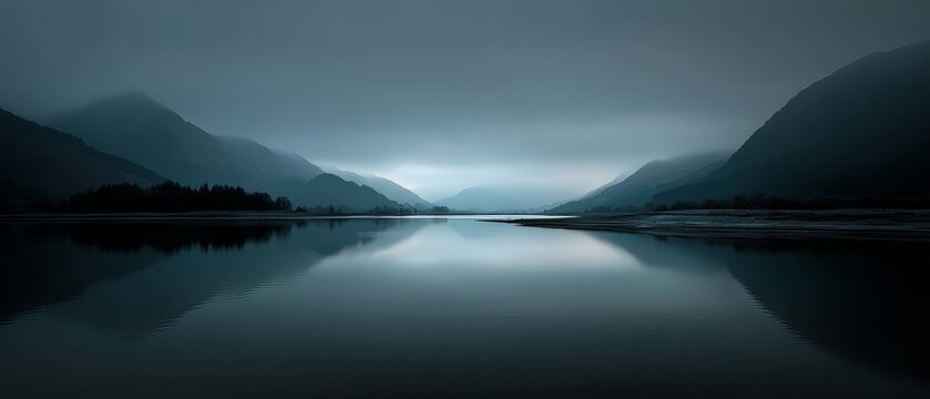 A serene misty landscape with mountains reflecting on calm water, creating a tranquil atmosphere.