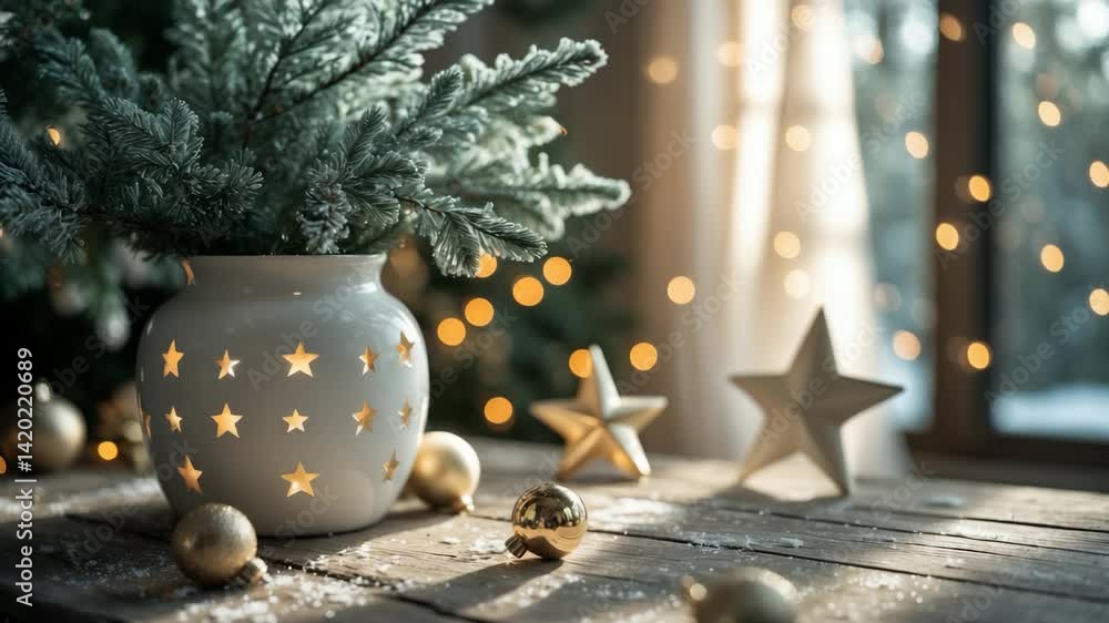 Poster warm table setting decorated with ornaments and snow against a soft abstract background.