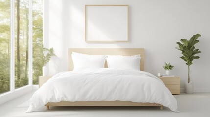 Modern minimalist bedroom with natural light.  Spacious, calming space showcasing a simple wooden bed with white bedding, and a large blank picture frame. Lush greenery accents the room,