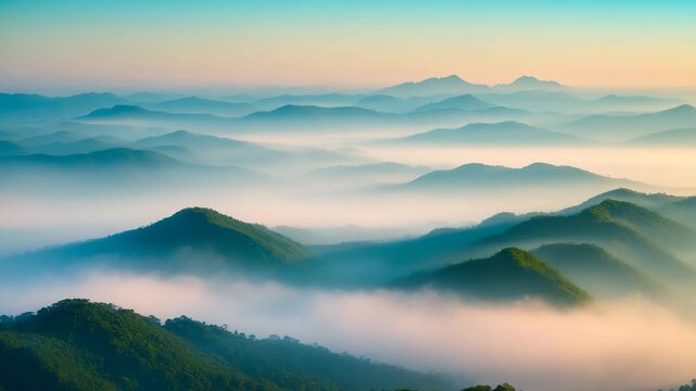 Morning mist-covered mountains showcasing breathtaking natural beauty, illustrating themes in a serene and refreshing nature video.