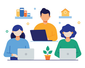 Vector illustration of People working from home on laptops on white background