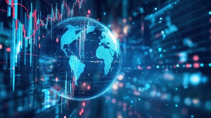 Digital globe with trading graphs. Global finance and business, technology and data visualization