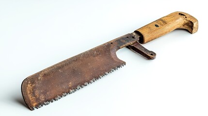Rusty vintage hand saw with white bg.