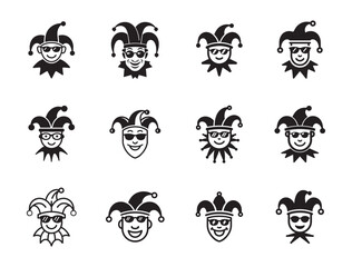 Jester Head Icons – Black & White Silhouettes