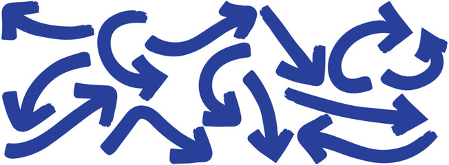 Blue hand-drawn vector arrow set. Arrow crayon brush doodle chalk line stroke. Sketch pencil texture line scribble arrow icon on a white background