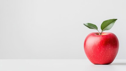 A vibrant red apple with green leaves resting on a clean white surface, minimalistic composition with soft lighting, and fresh and healthy concept.