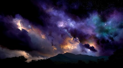 Naklejka premium Nebula Night Over Mountain Landscape Dark Sky and Dramatic Clouds Space Dust and Galactic Cloud Formations.