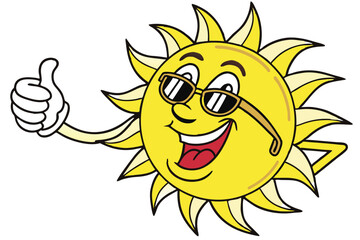 18 Cartoon sun, smiling face, sunglasses, thumbs up gesture, bright yellow, cheerful expression, summer vibes, cool attitude, vector illustration, glossy finish, positive emoji, fun character, sunny d