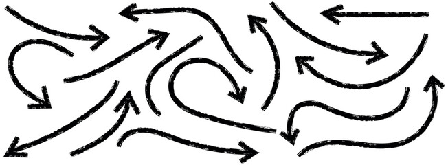 Hand-drawn black arrows icons vector design. Swirls arrows, doodle lines icon set, Hand-drawn line arrows set. Vector curvy, wavy, and straight arrows isolated on a white background.