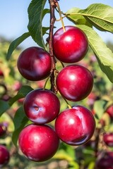 Obraz premium Juicy Red Plums on Branch Summer Orchard