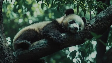 Obraz premium Sleepy panda cub rests peacefully in a forest canopy.