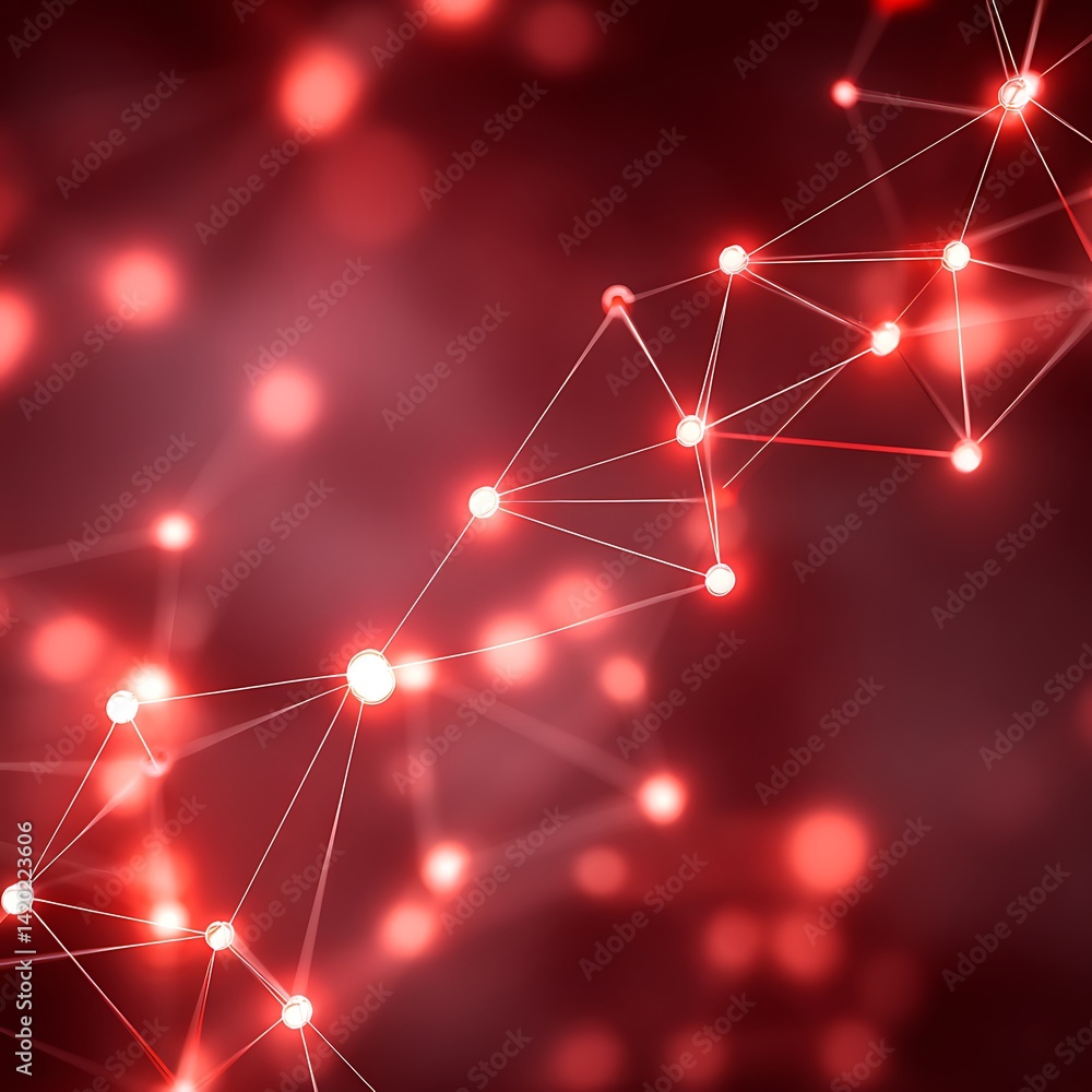 Poster networked connectivity nodes with red luminous points for technological and scientific advancement.
